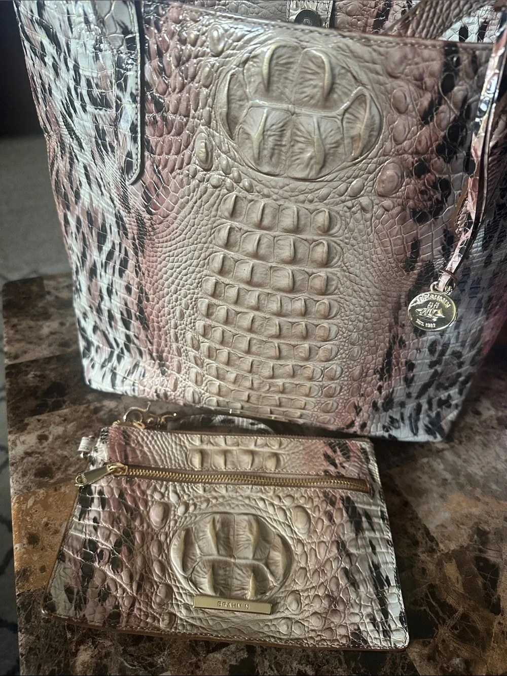 Brahmin Croc-Embossed Tote with Matching Wristlet - Taupe Pink